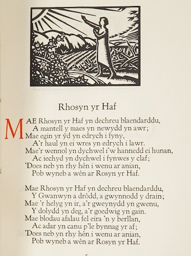 Hughes, John Ceiriog - Caneuon Ceiriog detholiad [Songs of Ceiriog, a Selection]. Edited by John Lloyd Jones. Newtown, Montgomeryshire: Gregynog Press, 1925, title and text printed in red and black, wood-engraved frontis